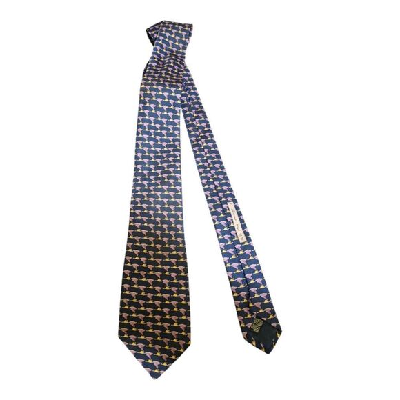THOMAS PINK Silk Tie Navy Lavender Bird Print - Picture 1 of 7